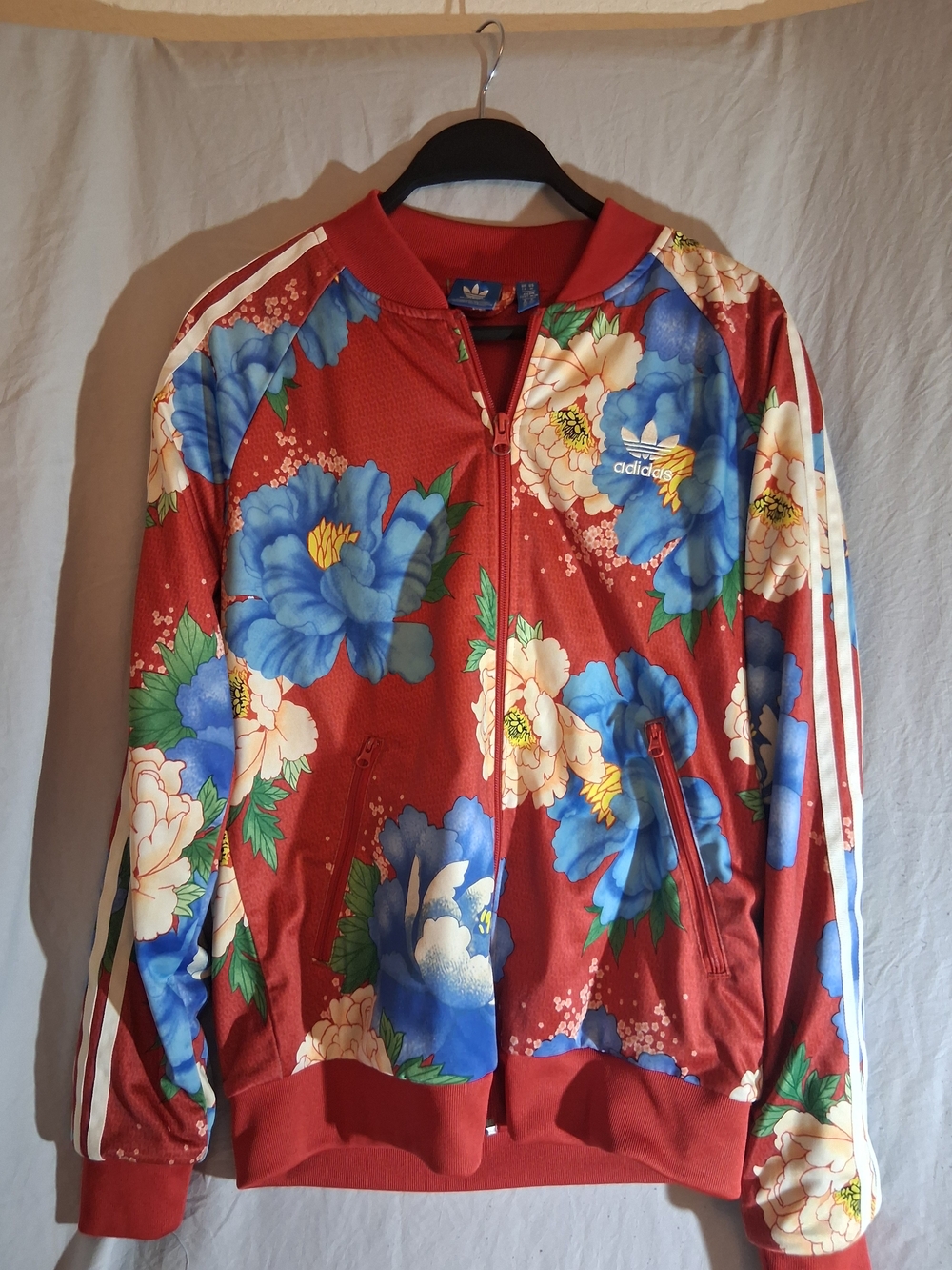 adidas Red Floral Bomber Jacket with Blue & Cream Flowers